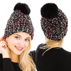 Fur Lined Confetti Knit Pom Pom Beanie!